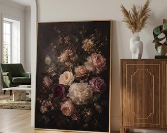 Dark Floral Wall Art, Moody Vintage Flower Bouquet Print, Dutch Still Life Painting, Romantic Roses Peony Botanical Decor, Gothic