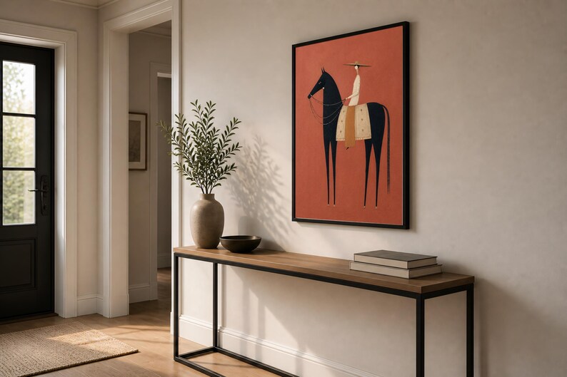 Folk art print of a figure in a wide-brim hat riding a tall dark horse with a tan saddle blanket on a warm terracotta background, vertical mid century equestrian wall art.