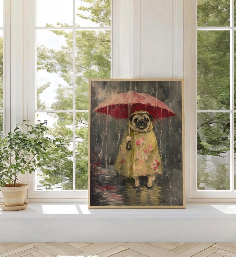 Whimsical painting of a pug wearing a yellow floral raincoat and holding a red umbrella in the rain, with a moody gray painterly background.