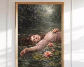 Ophelia Seerose Druck, romantische Frau, Seerosen Bild, stimmungsvolle Landschaftsmalerei (Digitaler Download)