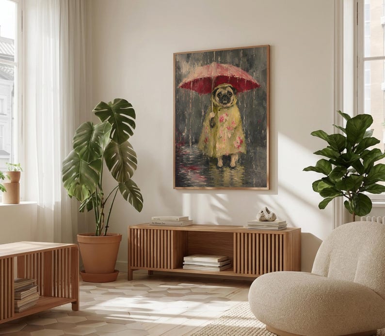 Whimsical painting of a pug wearing a yellow floral raincoat and holding a red umbrella in the rain, with a moody gray painterly background.