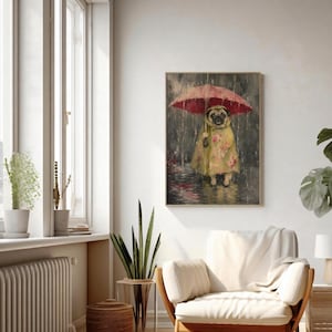 Whimsical painting of a pug wearing a yellow floral raincoat and holding a red umbrella in the rain, with a moody gray painterly background.