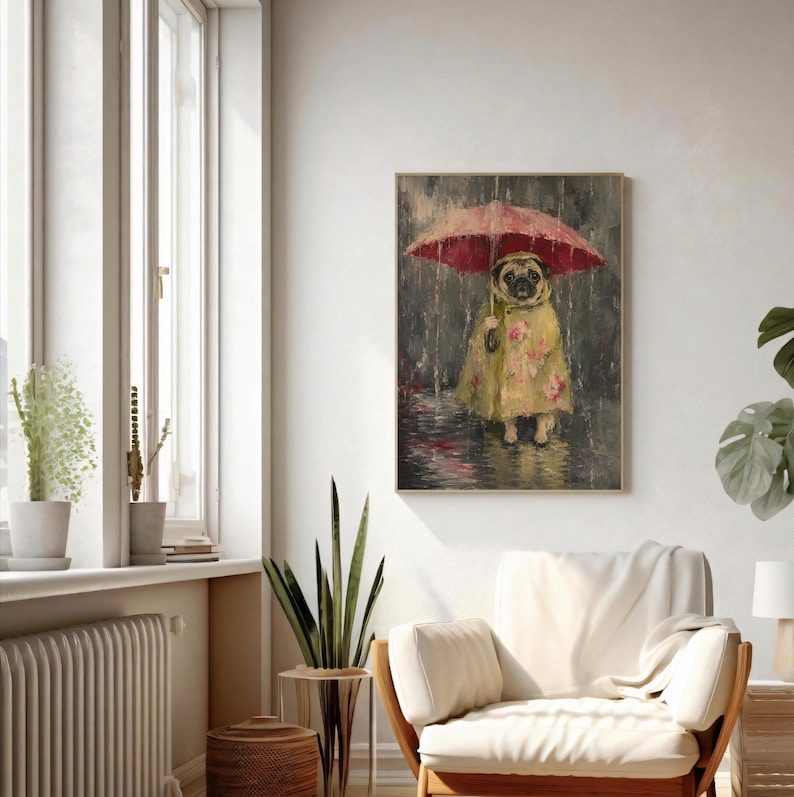 Whimsical painting of a pug wearing a yellow floral raincoat and holding a red umbrella in the rain, with a moody gray painterly background.