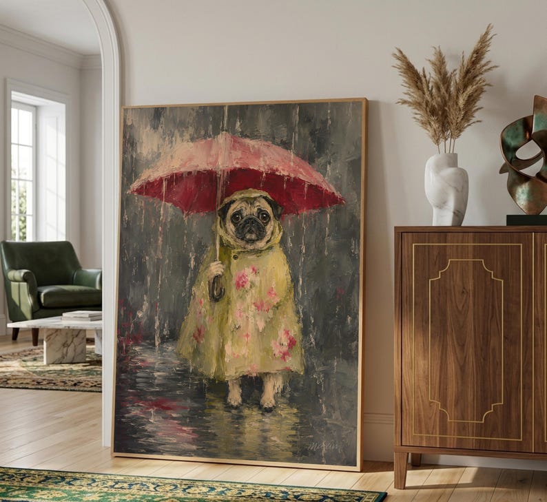 Whimsical painting of a pug wearing a yellow floral raincoat and holding a red umbrella in the rain, with a moody gray painterly background.