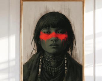 Väggkonst med porträtt av amerikansk indiansk krigare, tryck av inhemsk kvinna, tribal röd krigsmålning, mörk stämningsfull figurativ konst för nedladdning
