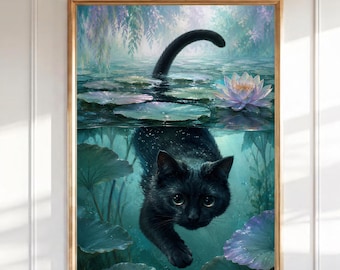 Schwarze Katze Schwimmen Unter Wasser Wandkunst, Wunderlicher Katzen Seerosen Teich Druck, Surreales Tier Poster, Fantasy Kätzchen Wasser Lotus Dekor