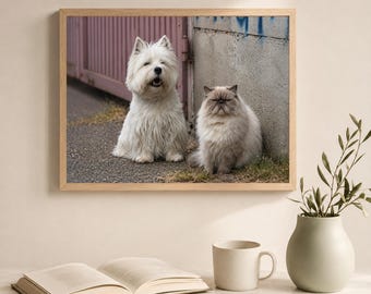 Westie und Perserkatze Fotografie Druck, Hunde und Katzen Wandkunst, Haustier Porträt Druck, Tierfotografie, Lustige beste Freunde Poster