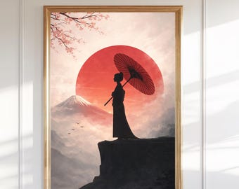 Japan Geisha Silhouette Kunstdruck, Berg Fuji Sonnenuntergang, Kirschblüte Umbrella (Digitaler Download)