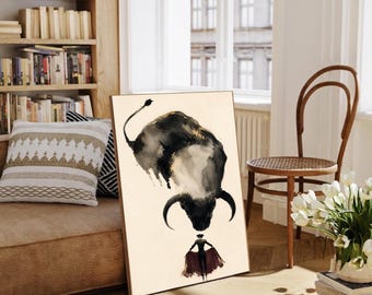 Väggkonst med tjur och matador, minimalistiskt spanskt tjurfäktningstryck, Sumi-e-bläckmålning, svart och röd figurativ affisch, surrealistisk väggdekor