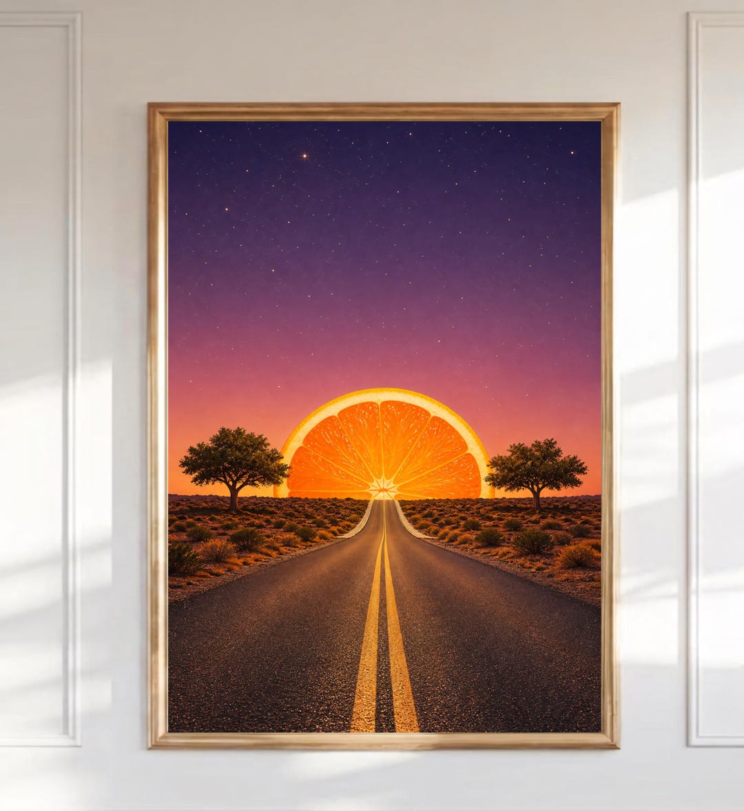 アートポスターダイアン・ロマネロ＜EVENING　SUN＞ Surreal Orange Slice Horizon Road Art Print, Desert Twilight
