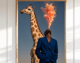Arte de parede surrealista com homem-girafa, pôster figurativo com cabeça de fogo, terno azul, decoração moderna e contemporânea para casa, peça marcante.