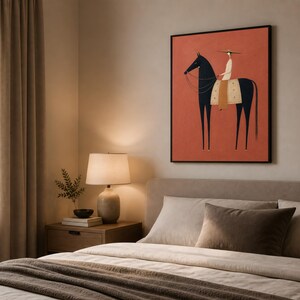 Folk art print of a figure in a wide-brim hat riding a tall dark horse with a tan saddle blanket on a warm terracotta background, vertical mid century equestrian wall art.
