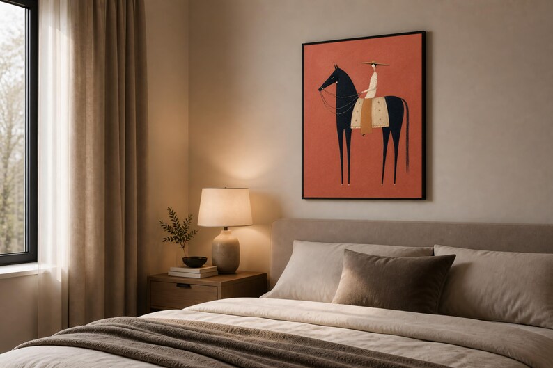 Folk art print of a figure in a wide-brim hat riding a tall dark horse with a tan saddle blanket on a warm terracotta background, vertical mid century equestrian wall art.