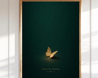 Gold Schmetterling Wandkunst, Smaragdgrün Minimalistischer Druck, Wings of Wonder Botanisches Poster, Luxuriöses Wohndekor, Elegante Natur Kunst