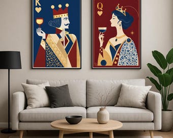 Herz König und Herzkönigin Wand Kunst Set von 2, Art Deco Spielkarte Druck, Wein Bar Dekor, paar Geschenk, Printable Instant Download