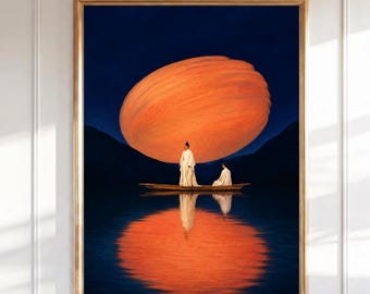 Surrealer Mondboot Wandkunst, Orange Mond über See Druck, asiatisch inspirierter Surrealismus, Figuratives Landschaft Poster, Zen Meditation Dekor
