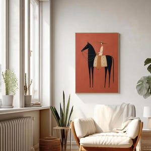 Folk art print of a figure in a wide-brim hat riding a tall dark horse with a tan saddle blanket on a warm terracotta background, vertical mid century equestrian wall art.