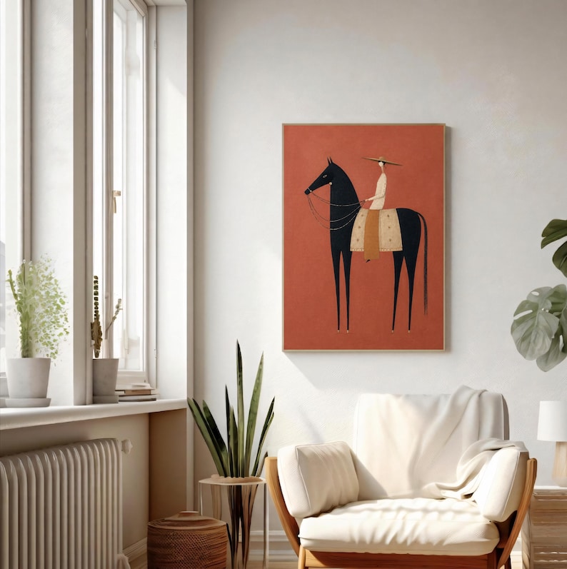 Folk art print of a figure in a wide-brim hat riding a tall dark horse with a tan saddle blanket on a warm terracotta background, vertical mid century equestrian wall art.