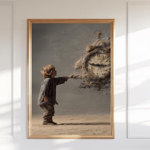 May include: A framed art print depicts a child reaching towards a disintegrating antique clock. The artwork features a muted color palette with a focus on texture and the passage of time. The child is dressed in gray clothing, standing on a sandy surface.