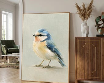 Impressão de pintura a óleo de pássaro azul, arte de parede vintage de pássaros, decoração de quarto de bebê estilo cottagecore, arte rústica de pássaros em fazenda, pôster imprimível de pássaro canoro