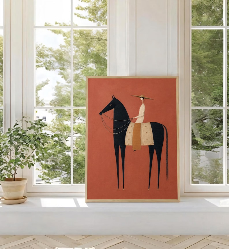 Folk art print of a figure in a wide-brim hat riding a tall dark horse with a tan saddle blanket on a warm terracotta background, vertical mid century equestrian wall art.