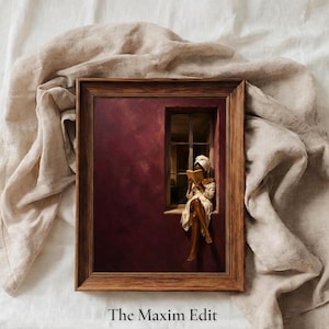Painting of a Black woman in a white towel reading a golden book on a sunlit windowsill against a deep burgundy wall, moody figurative wall art print.