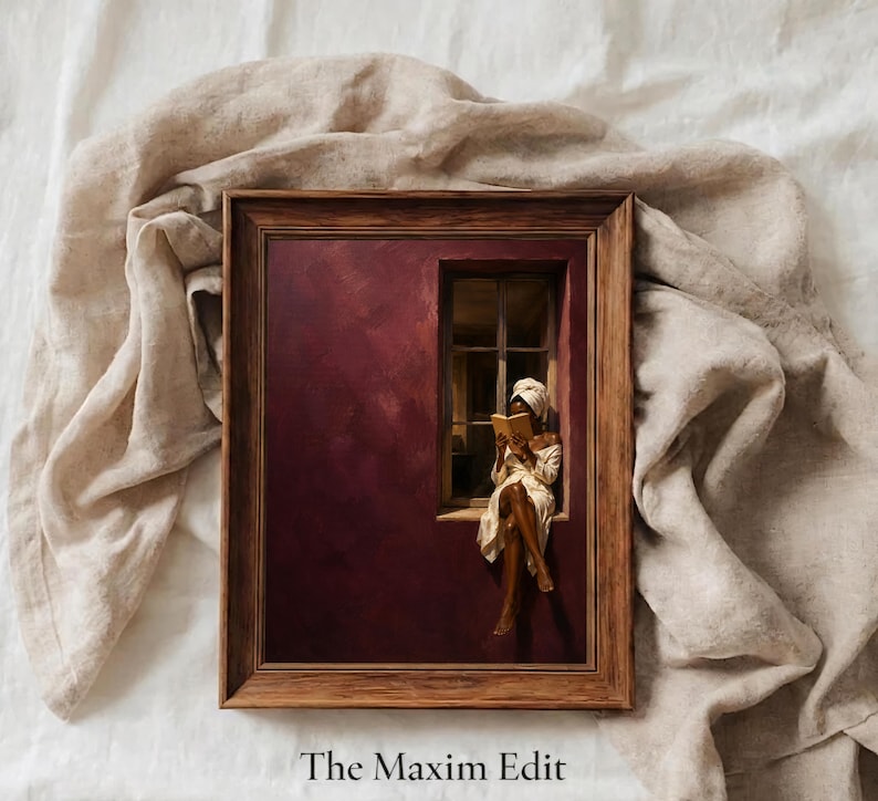 Painting of a Black woman in a white towel reading a golden book on a sunlit windowsill against a deep burgundy wall, moody figurative wall art print.
