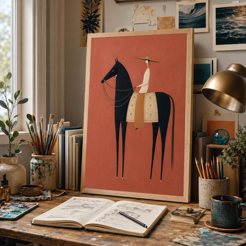 Folk art print of a figure in a wide-brim hat riding a tall dark horse with a tan saddle blanket on a warm terracotta background, vertical mid century equestrian wall art.