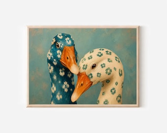 Skurrile Entenpaar Wandkunst, Blumenmuster Enten Druck, wunderliche Tier Porträt, Bauernhaus Küche Dekor, niedliche Vogel Wandkunst