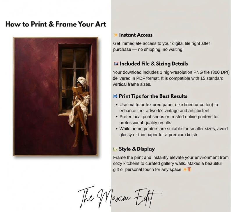 Painting of a Black woman in a white towel reading a golden book on a sunlit windowsill against a deep burgundy wall, moody figurative wall art print.