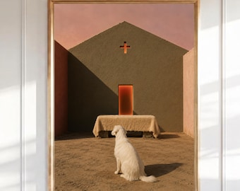 Weißer Hundekapelle Wandkunst, minimalistische Wüstenkirche Druck, Surrealer Südwesten Hundeporträt, spirituelles Sonnenuntergang-Plakat, modernes religiöses Dekor