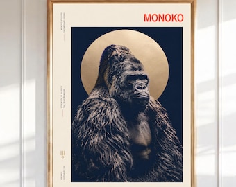 Gorilla Wand Kunst Druck, Moderne Tier Poster, Silberrücken Porträt, Dark Navy Galerie Druck, Minimalistische Wildtier Wohnkultur