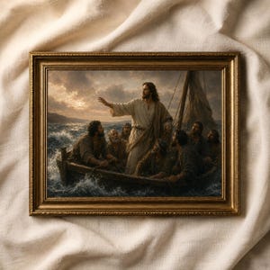 May include: A framed wall art print depicting a scene of a figure in a robe standing in a wooden boat on a stormy sea, gesturing towards the horizon with a group of people seated around, all rendered in a dark, painterly style with gold frame.