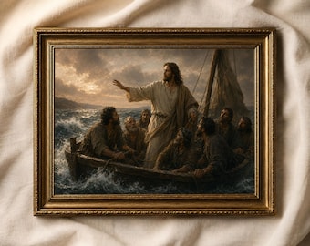 Jesus beruhigt den Sturm Wandkunst, Christus auf dem Boot religiöser Druck, christliches Wohnkultur, klassische biblische Malerei, Glaube Wandkunst