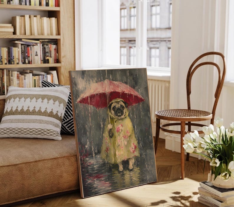 Whimsical painting of a pug wearing a yellow floral raincoat and holding a red umbrella in the rain, with a moody gray painterly background.