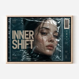 May include: A framed rectangular wall art piece featuring a portrait of a face pressed against clear plastic wrap. The text INNER SHIFT is printed in large beige letters on the left side, with additional technical text and a barcode on the right.