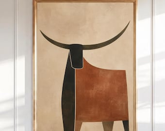 Mid Century Modern Bull Wall Art, Minimalist Longhorn Print, Abstract Western Decor, Terracotta Rustic Farmhouse Poster, Southwest Art