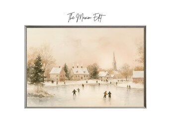 May include: A framed watercolour painting shows a winter scene with a frozen lake and a village. People ice skate on the lake. The buildings have snow-covered roofs. The sky is a soft pink. The text "The Maxim Edit" is in the upper centre.