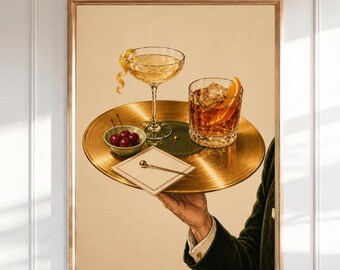 Cocktail Bar Wall Art, Vintage Whiskey Old Fashioned Print, Martini Cherries Kitchen Decor, Speakeasy Poster, Retro Bar Cart Print