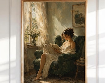Frau Lesebuch Ölgemälde Wandkunst, Vintage gemütliche Leseecke Druck, Bücherwurm Wohnkultur, romantische weibliche Porträtkunst