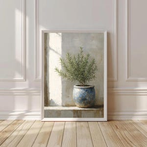 May include: Framed art print featuring a potted rosemary plant. The plant is in a blue and white ceramic pot, set against a neutral-toned wall with sunlight streaming through a window. The artwork is framed in white.