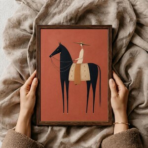 Folk art print of a figure in a wide-brim hat riding a tall dark horse with a tan saddle blanket on a warm terracotta background, vertical mid century equestrian wall art.