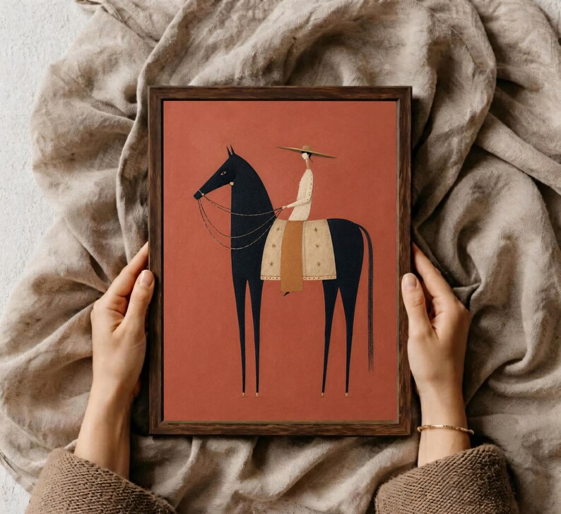 Folk art print of a figure in a wide-brim hat riding a tall dark horse with a tan saddle blanket on a warm terracotta background, vertical mid century equestrian wall art.