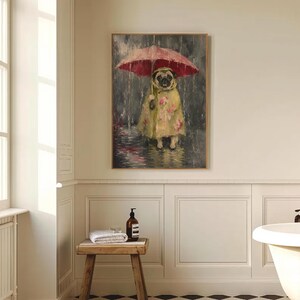 Whimsical painting of a pug wearing a yellow floral raincoat and holding a red umbrella in the rain, with a moody gray painterly background.