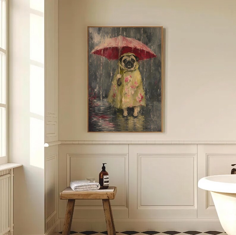 Whimsical painting of a pug wearing a yellow floral raincoat and holding a red umbrella in the rain, with a moody gray painterly background.