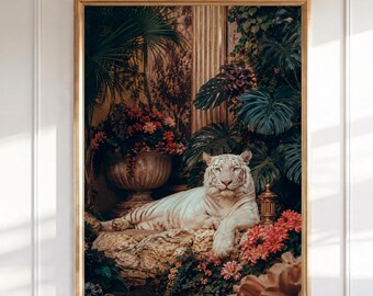 Weißer Tiger Wand Kunst, Botanischer Dschungel Druck, Maximalistisches Tier Poster, Vintage Tropisches Dekor, Exotische Raubkatze zum Ausdrucken