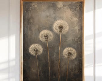 Maskrosväggkonst Rustikt botaniskt tryck Vintage lantlig blommålning i neutral ton, stämningsfull inredning