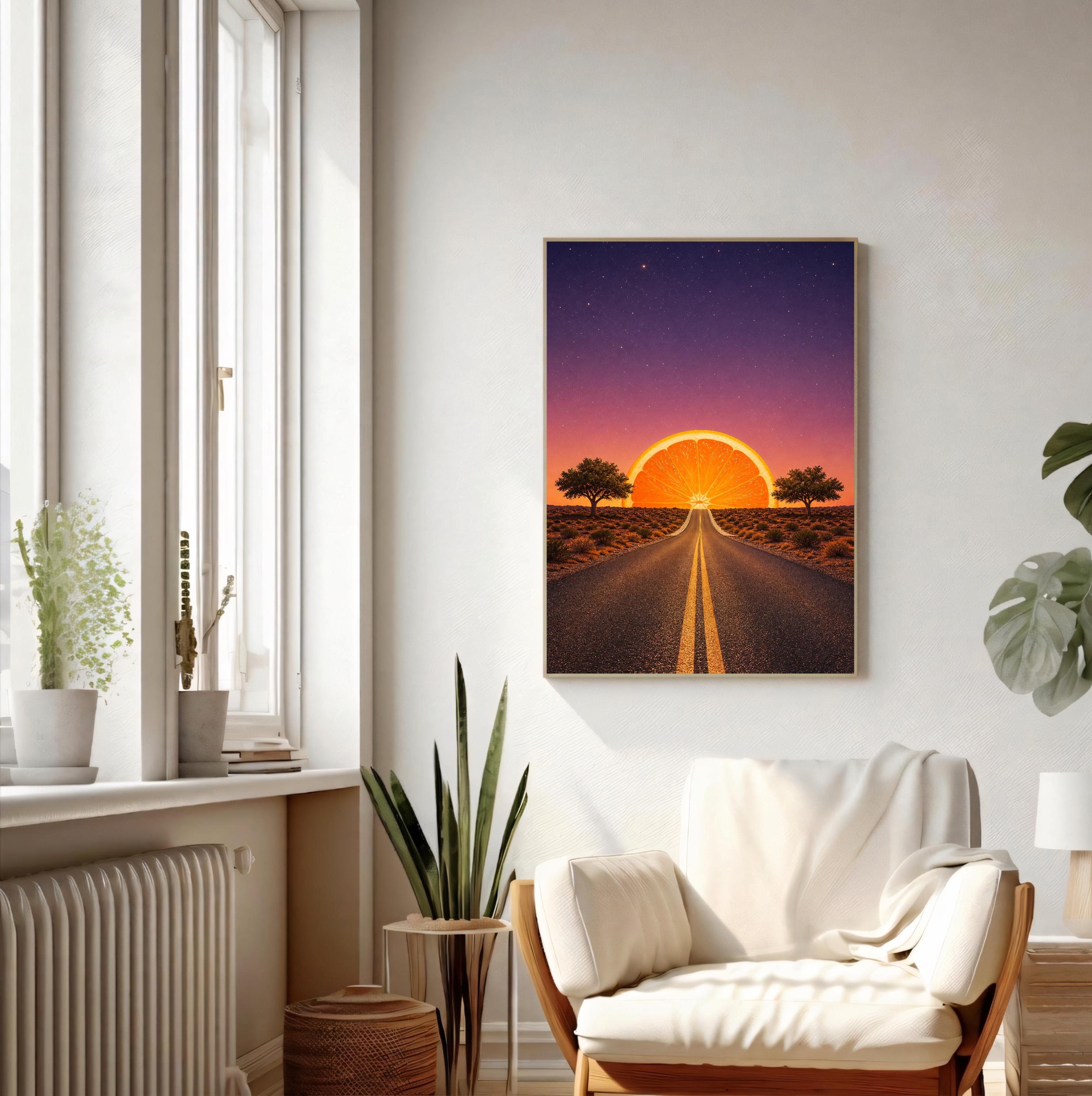 Surreal Orange Slice Horizon Road Art Print, Desert Twilight