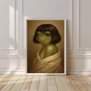 A humorous vintage-style portrait of a green frog with a straight-cut dark brown bob haircut, wrapped in a beige robe, painted in soft classical tones with a warm brown background.