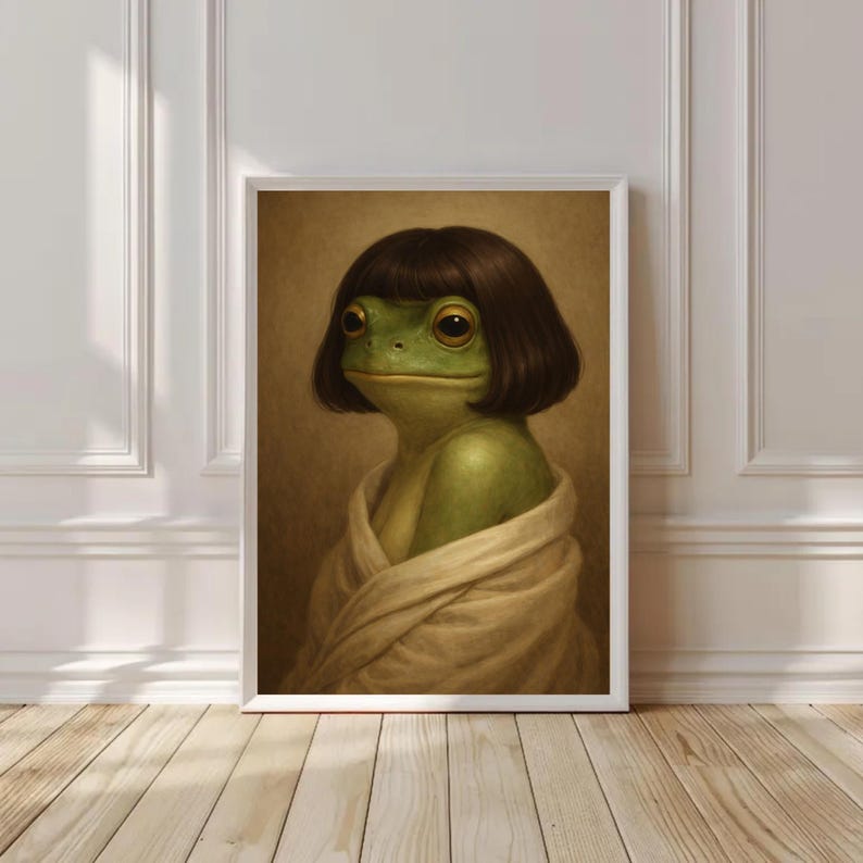 A humorous vintage-style portrait of a green frog with a straight-cut dark brown bob haircut, wrapped in a beige robe, painted in soft classical tones with a warm brown background.